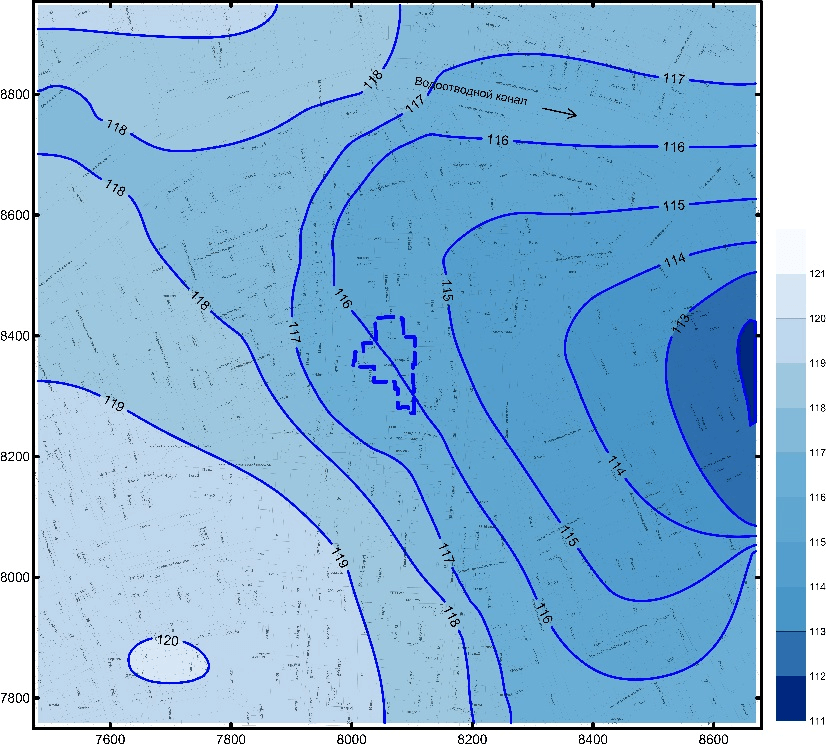 Фрагмент карты максимально сниженных уровней флювиогляциального водоносного горизонта при работе системы водопонижения в период строительства (период низких уровней)